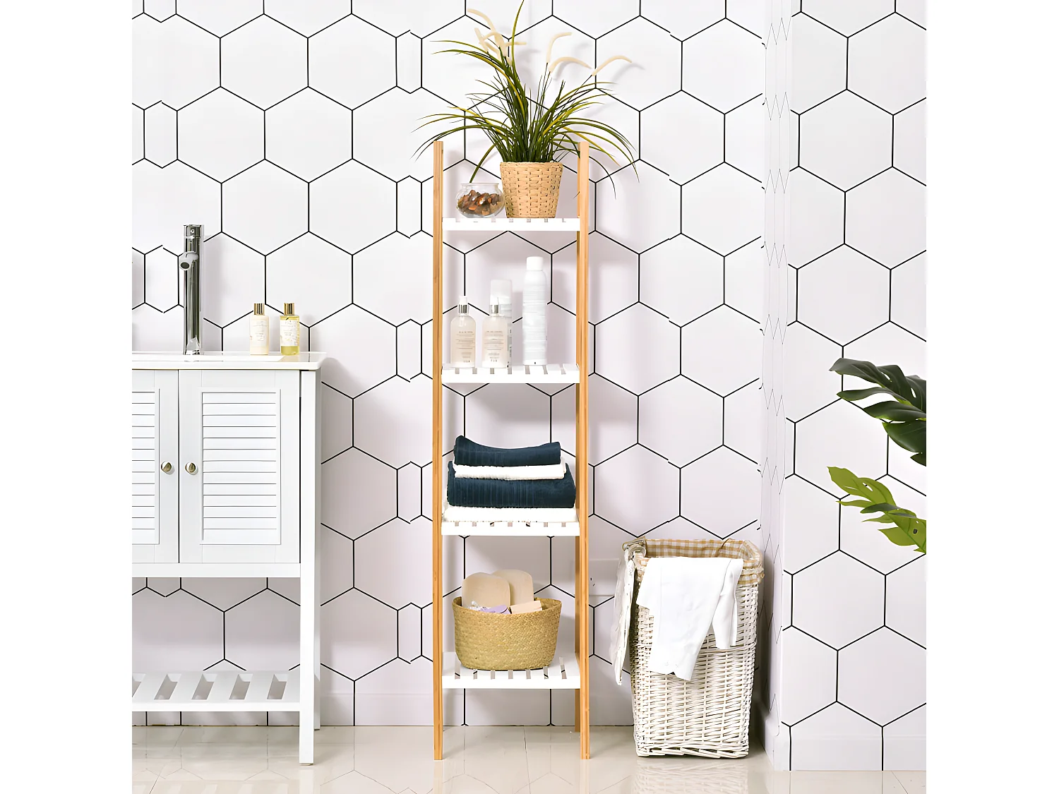 Etagère salle de bains GRIMSBY bambou et blanc
