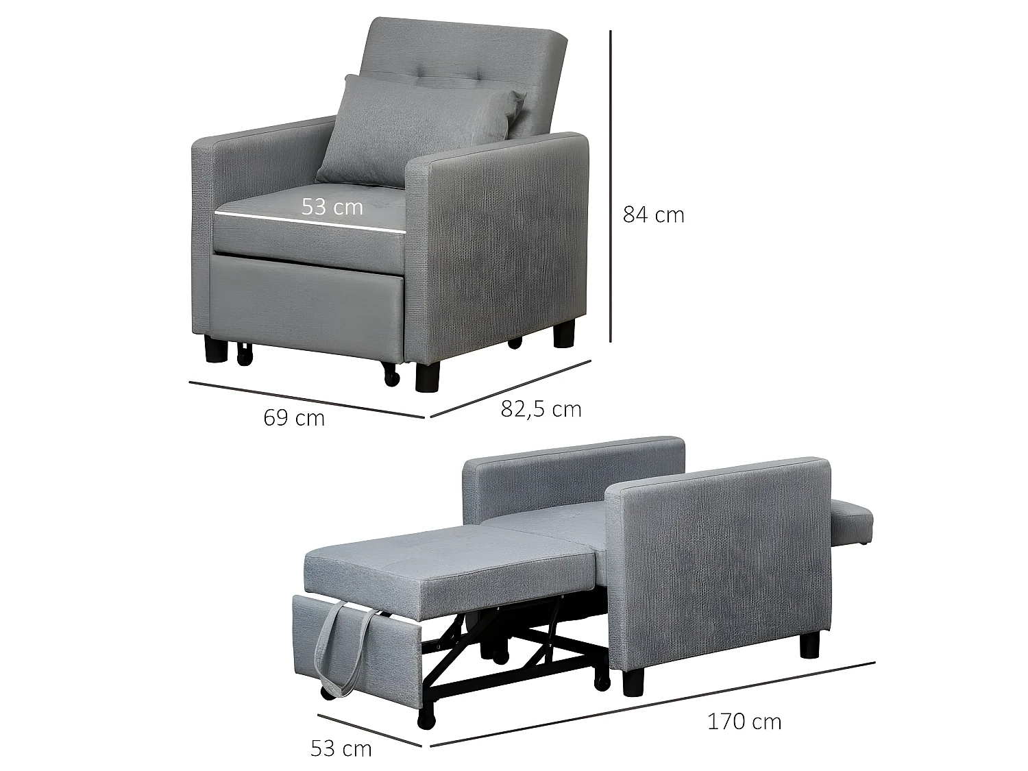 Fauteuil chauffeuse convertible SPEZIA gris