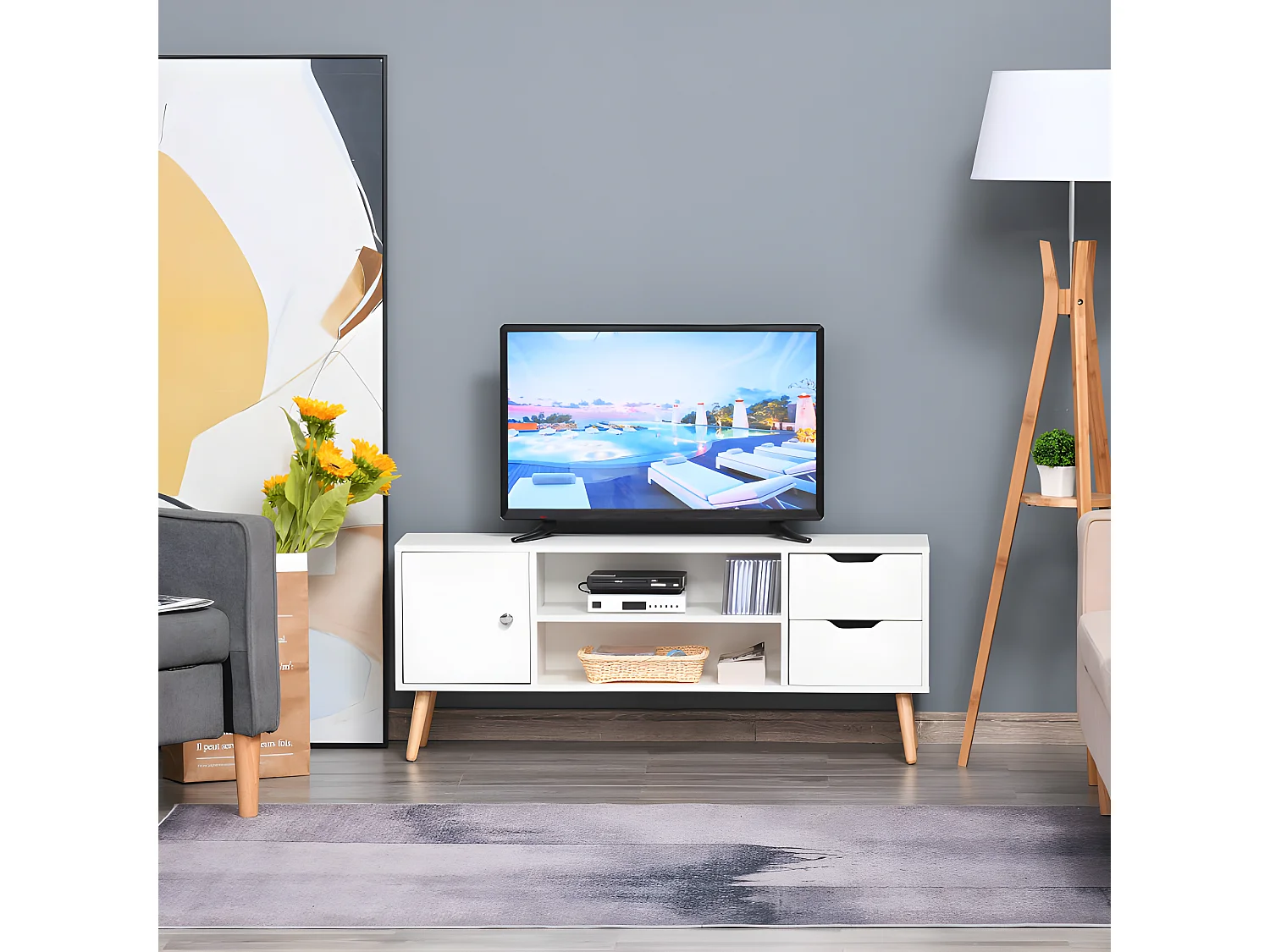 Meuble tv scandinave MURCIE pin et blanc