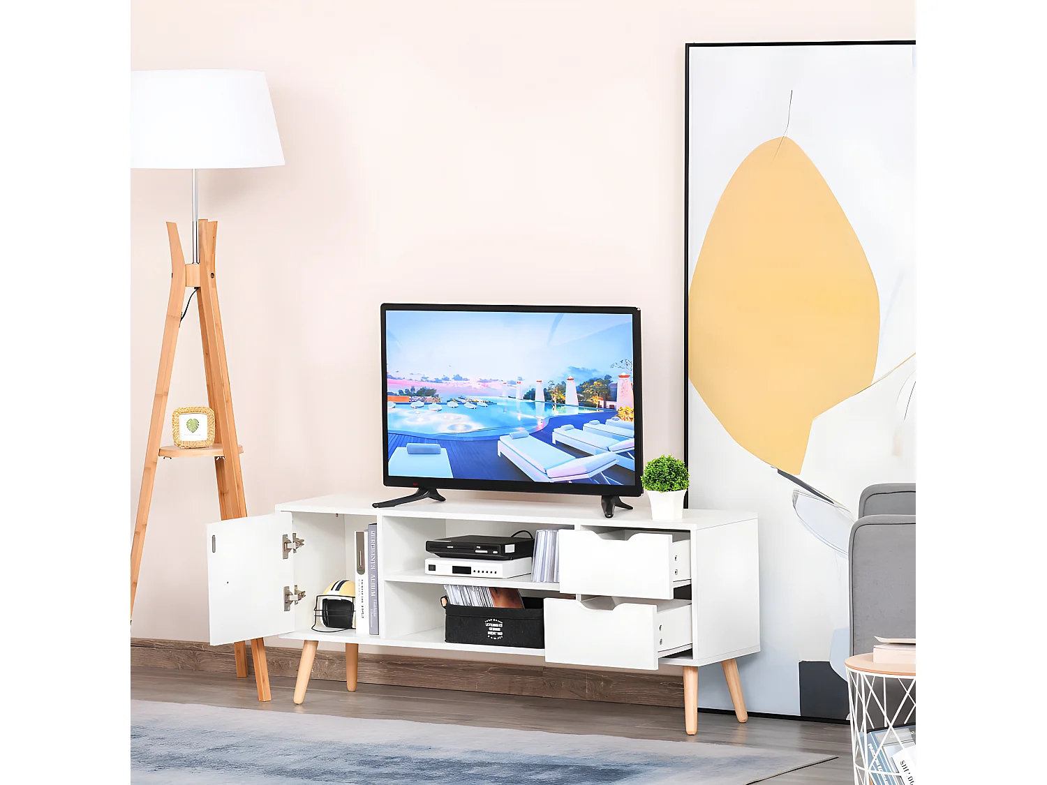 Meuble tv scandinave MURCIE pin et blanc