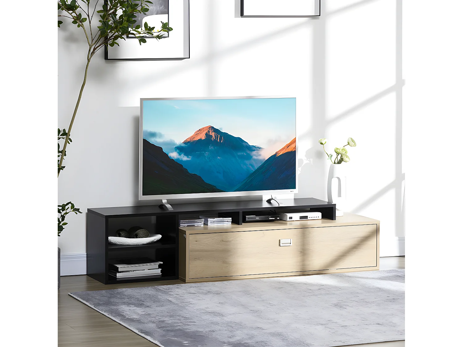 Meuble TV aspect chêne clair, noir au design réversible