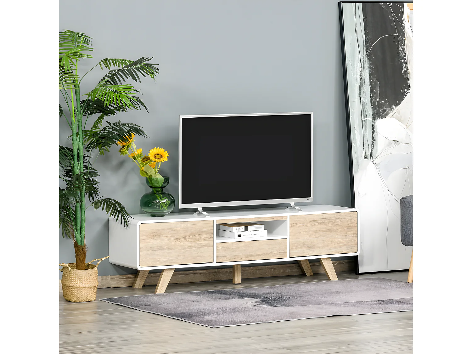 Meuble tv bas scandinave CÔME blanc aspect bois
