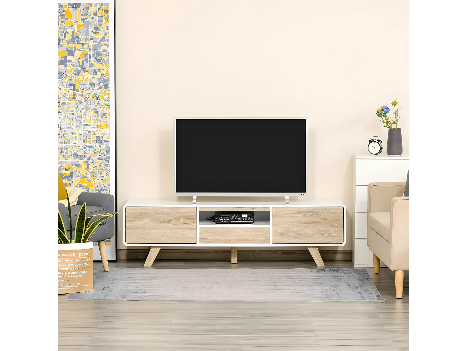 Meuble tv bas scandinave CÔME blanc aspect bois