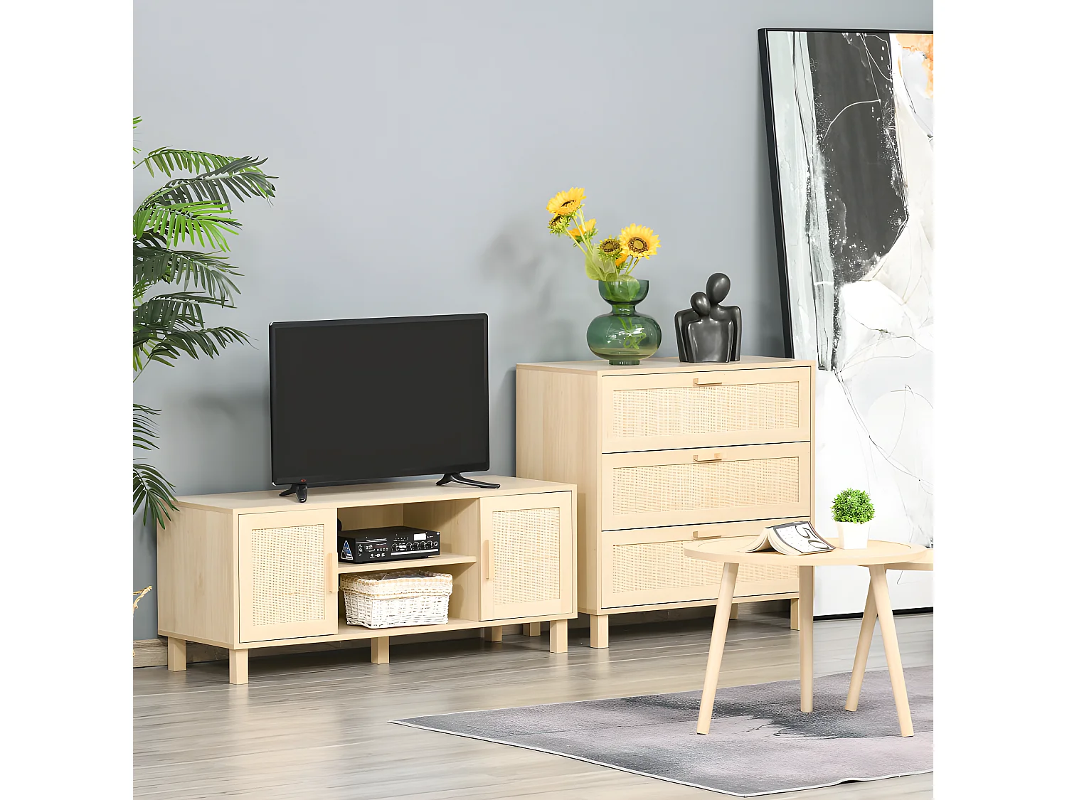 Meuble tv porte cannage PARLA aspect bois clair