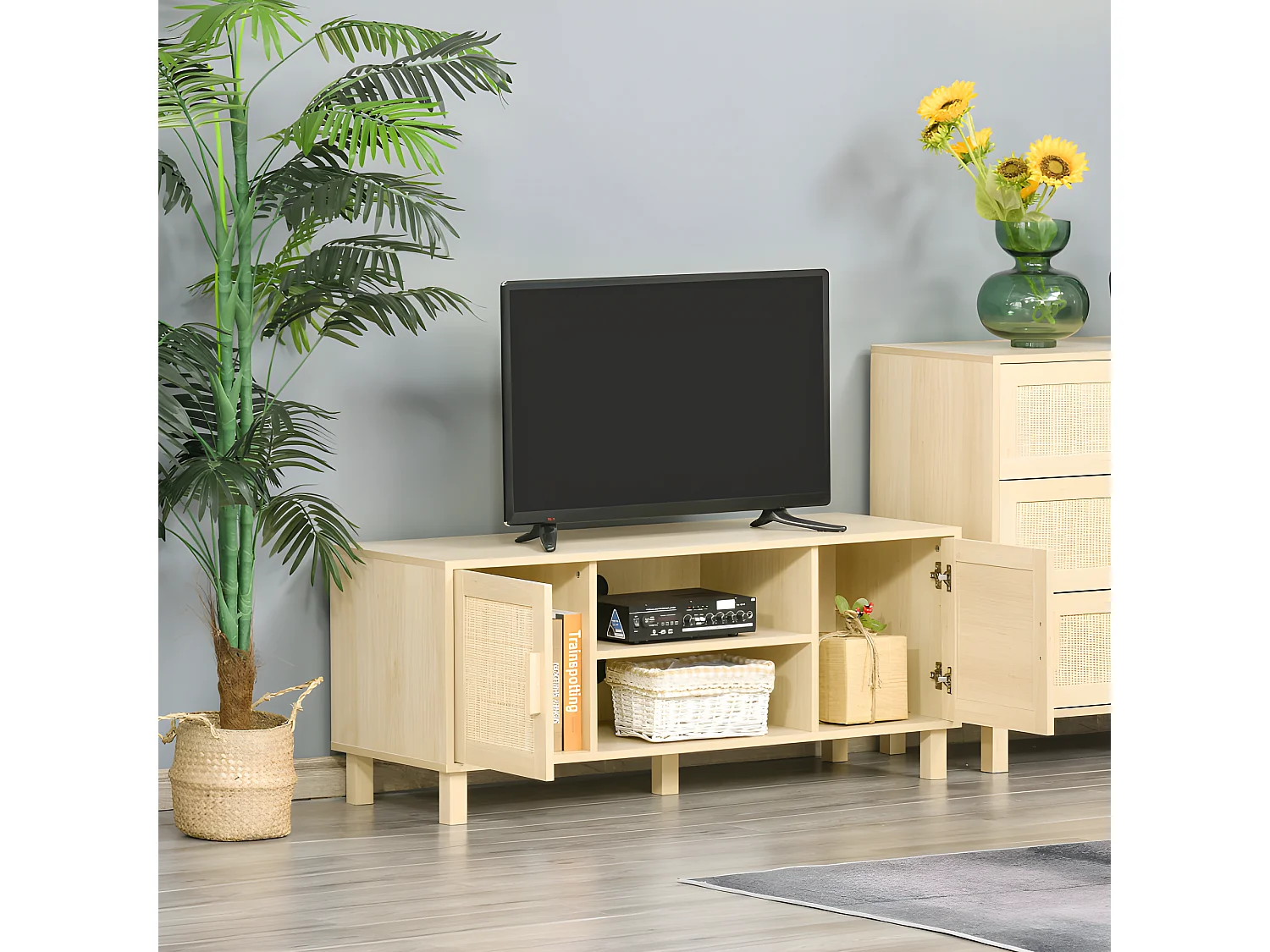 Meuble tv porte cannage PARLA aspect bois clair