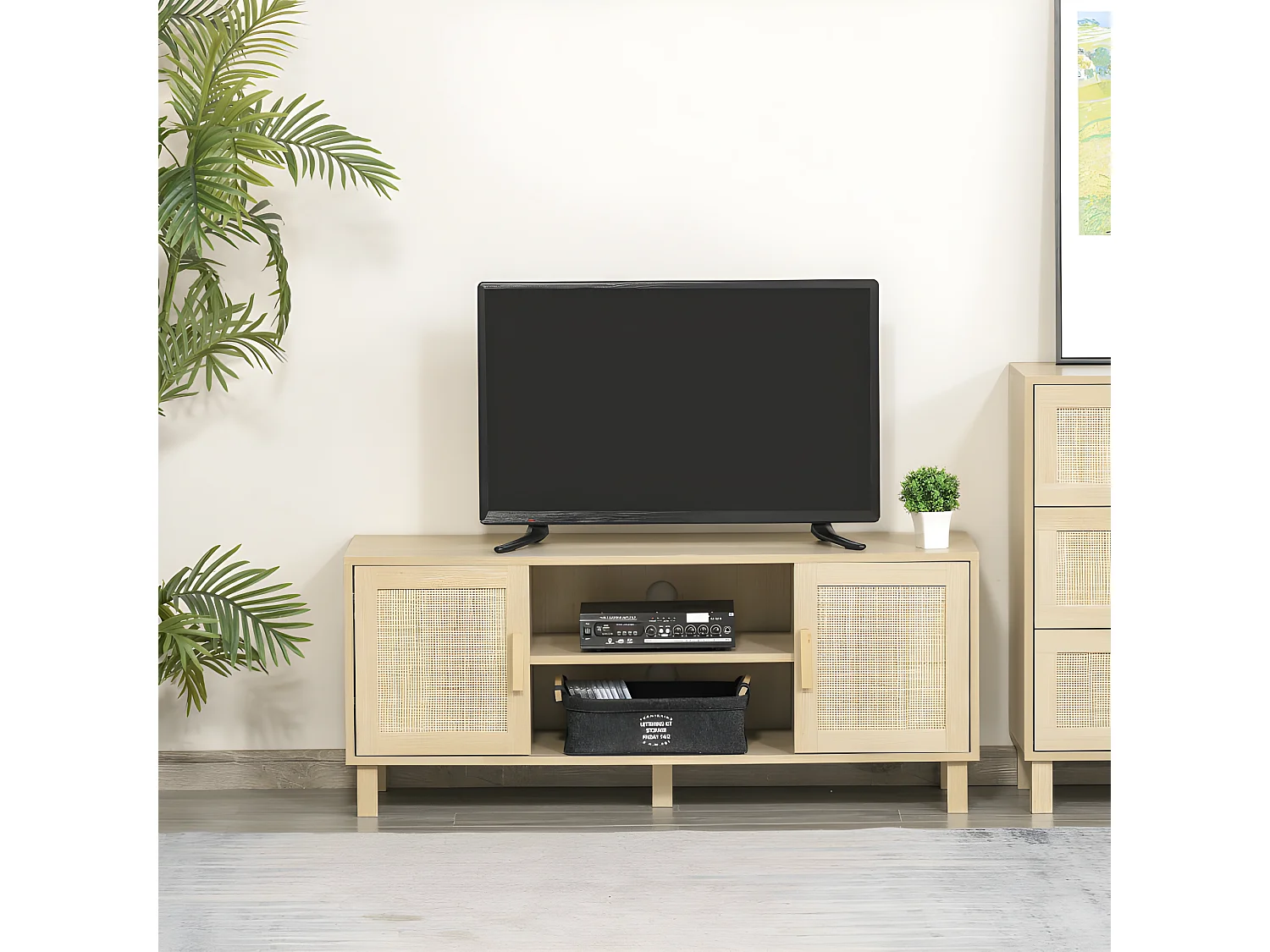Meuble tv porte cannage PARLA aspect bois clair