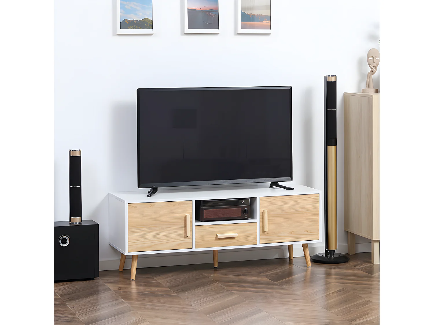 Meuble tv scandinave CADIX aspect bois clair et blanc