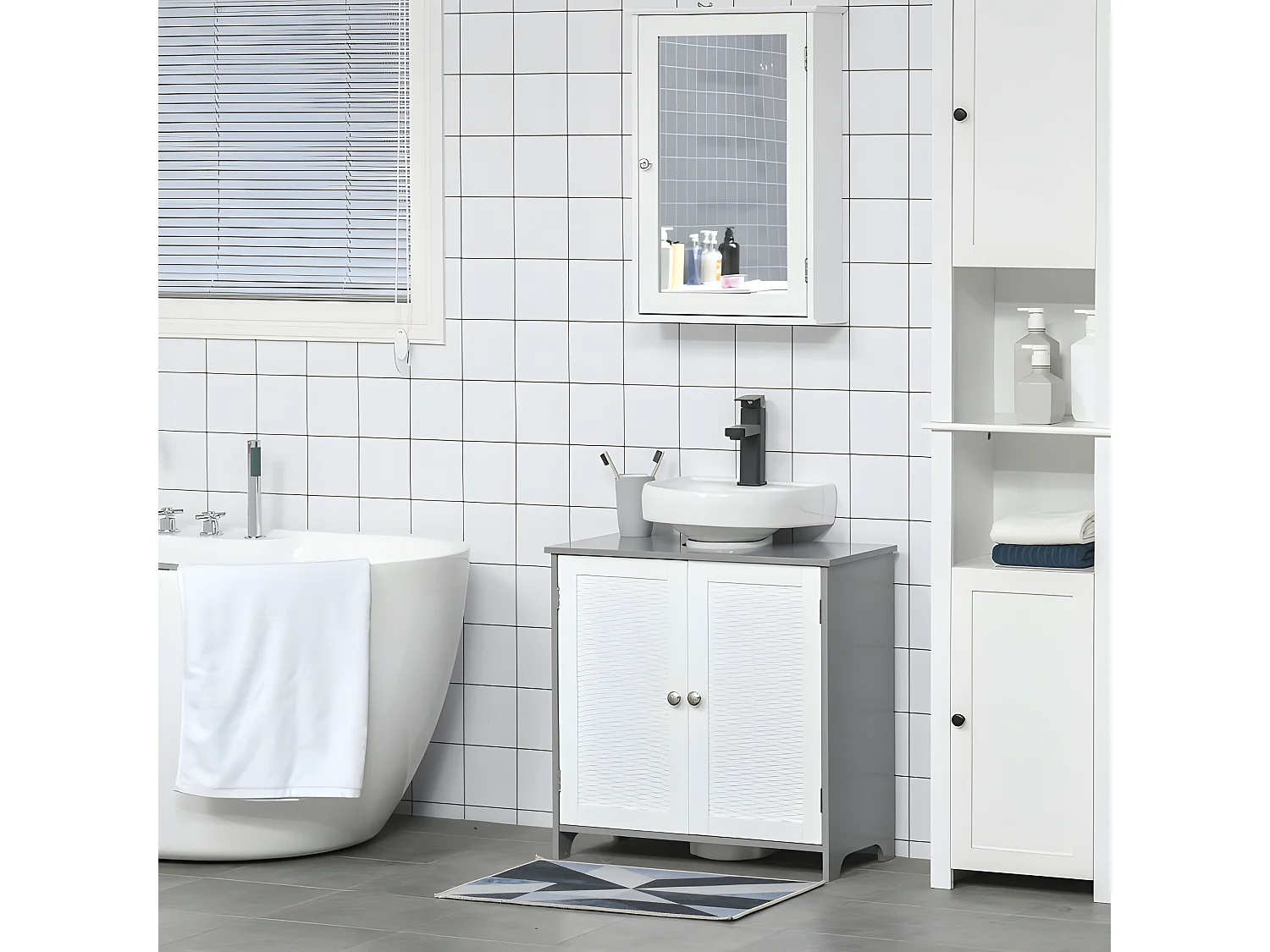 Meuble sous-vasque GERRY en résine tressée blanc et gris