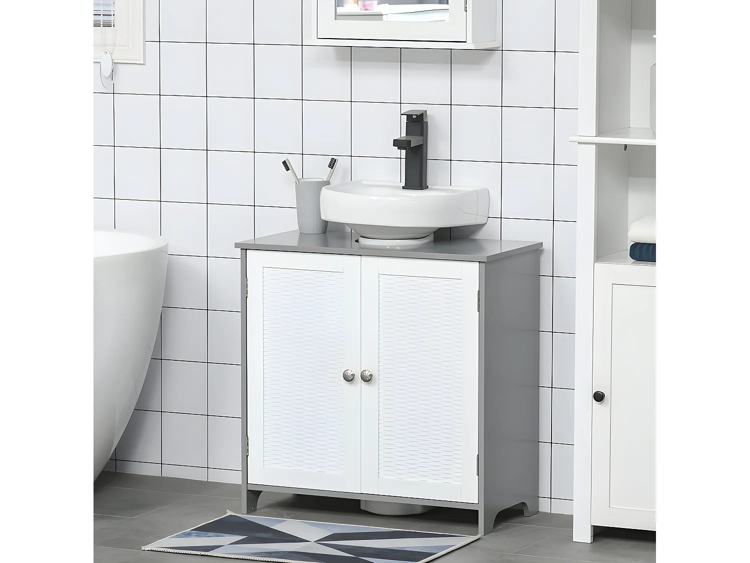 Meuble sous-vasque GERRY en résine tressée blanc et gris