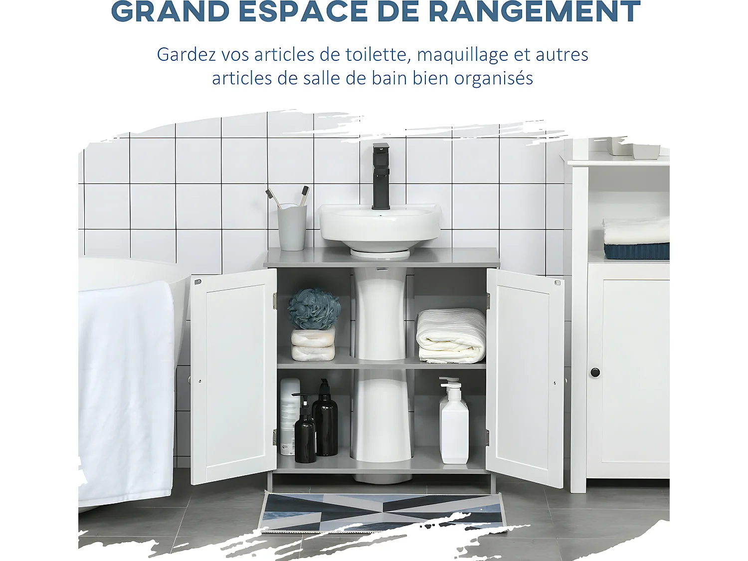 Meuble sous-vasque GERRY en résine tressée blanc et gris