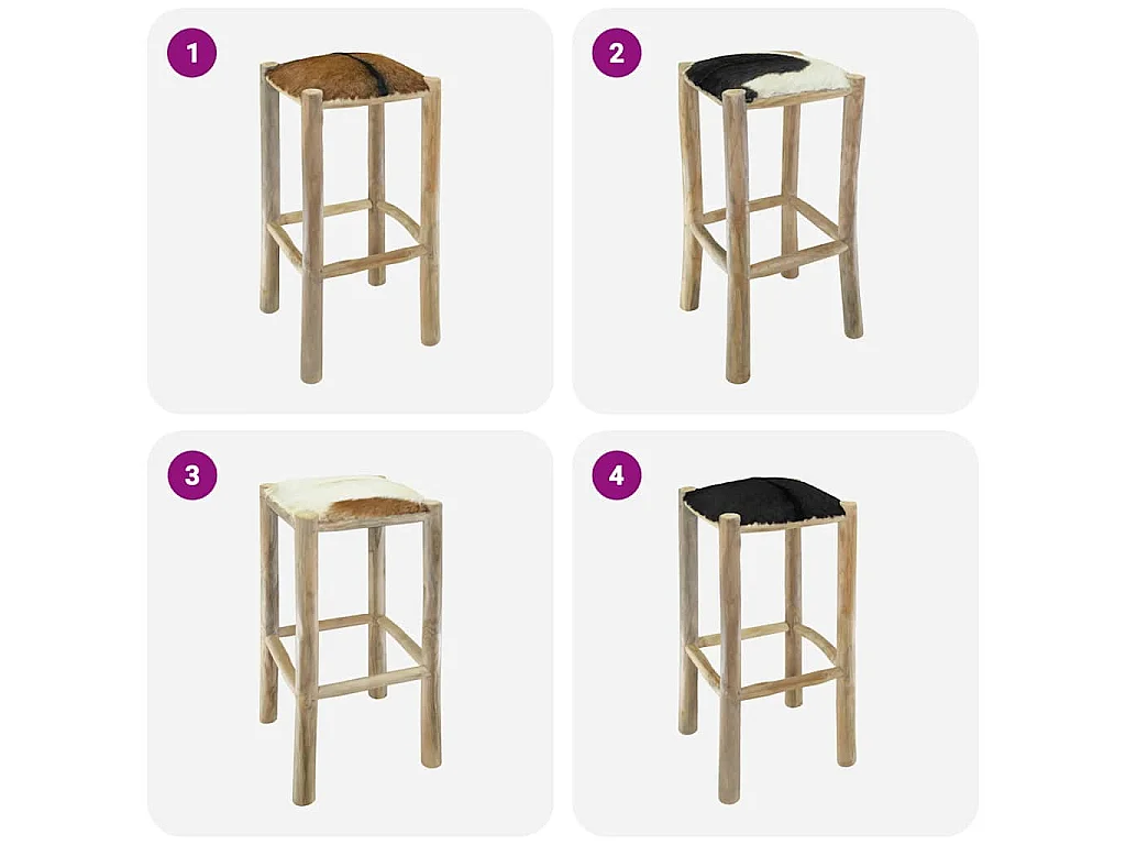Tabouret de bar cuir de chèvre et bois de teck solide