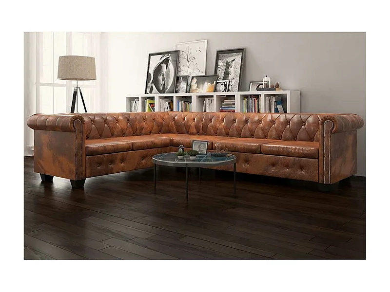 Chesterfield-Ecksofa 6-Sitzer Kunstleder Braun