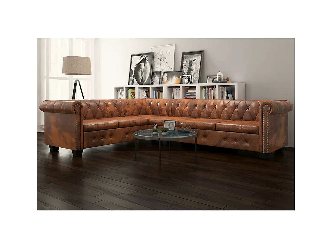 Canapé d'angle Chesterfield 6 Places Cuir artificiel Marron