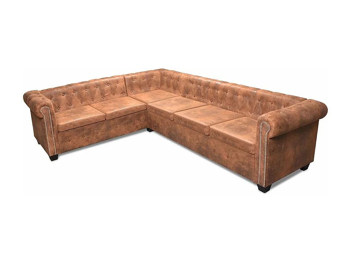 Chesterfield hoekbank 6-zits kunstleer bruin