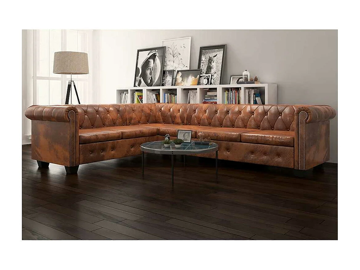 Chesterfield hoekbank 6-zits kunstleer bruin