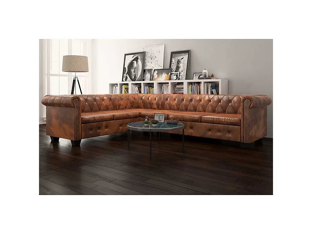 Canapé d'angle Chesterfield 6 Places Cuir artificiel Marron
