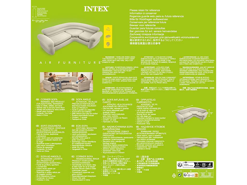 Sofá de canto insuflável 257 x 203 x 76 cm 68575NP