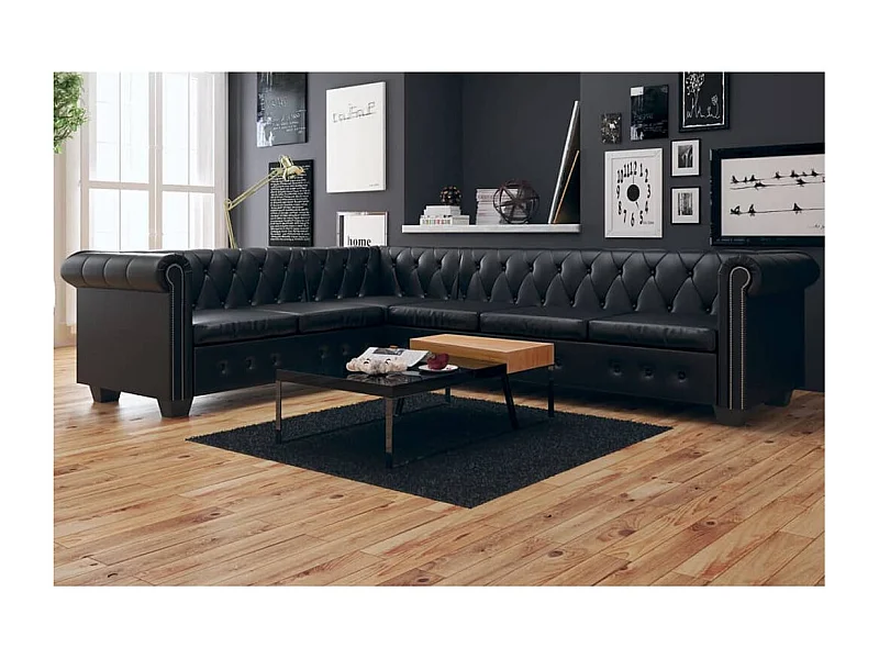 Sofá de canto Chesterfield 6 lugares couro artificial preto