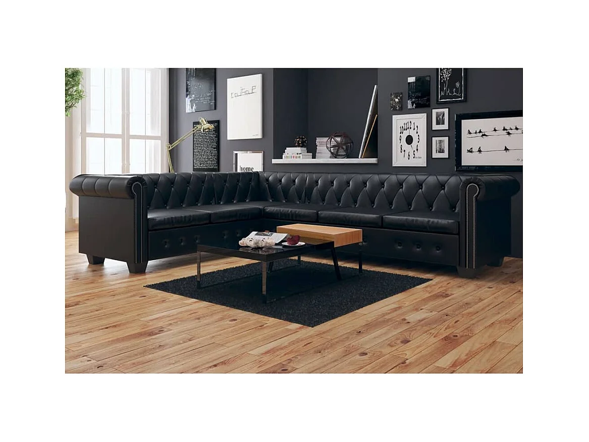 Canapé d'angle Chesterfield 6 places Cuir synthétique Noir