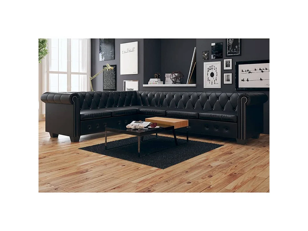 Sofá de canto Chesterfield 6 lugares couro artificial preto