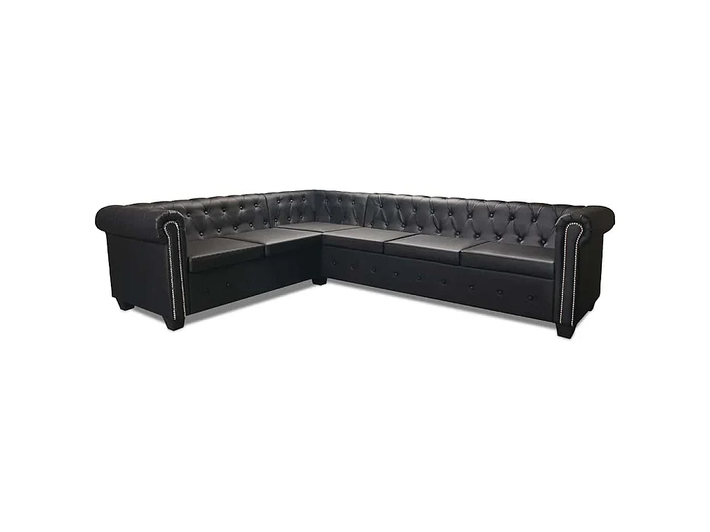 Grand canapé d'angle chesterfield 6 places en simili noir