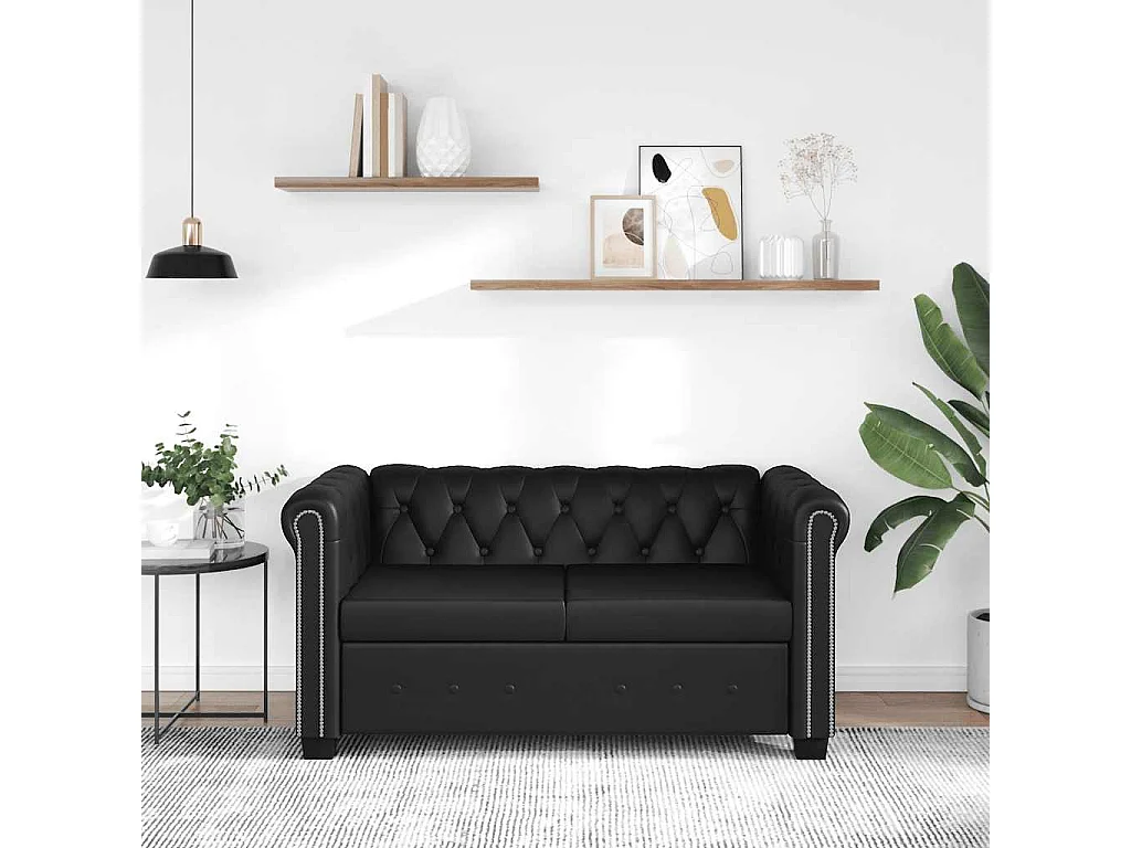 Divano Chesterfield a 2 Posti in Finta Pelle Nero