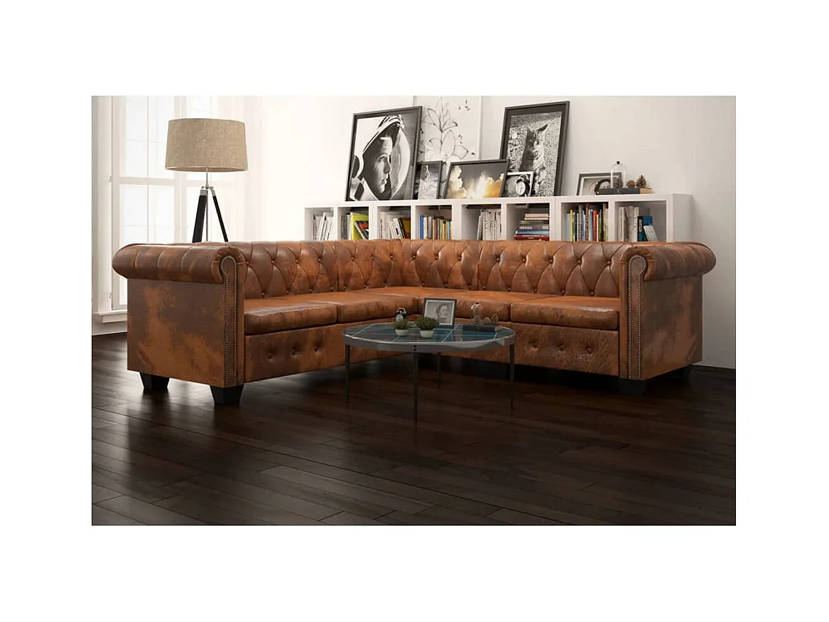 Chesterfield-Ecksofa 5-Sitzer Kunstleder Braun