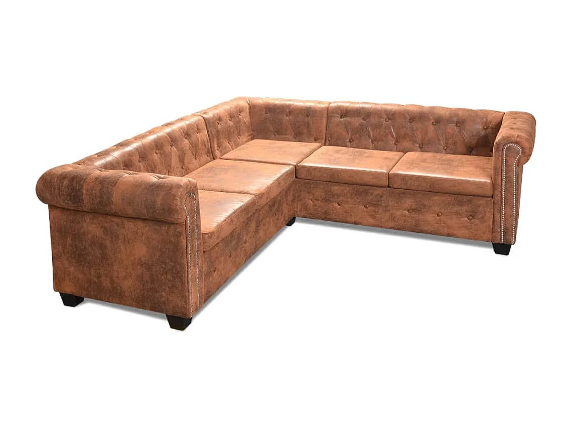 Sofá de canto Chesterfield 5 lugares couro artificial castanho