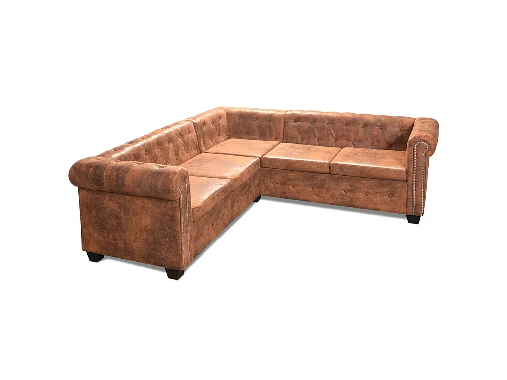 Canapé d'angle chesterfield 5 places en cuir marron