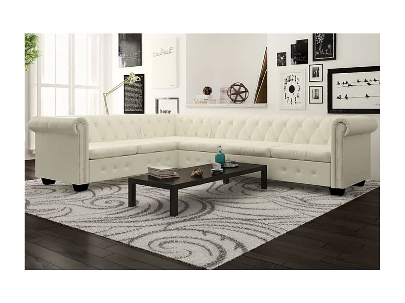 Sofá de canto Chesterfield 6 lugares couro artificial branco