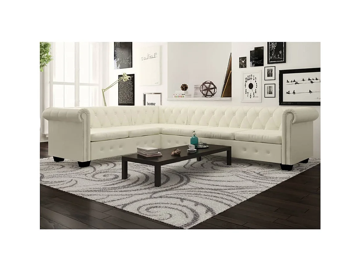 Canapé d'angle Chesterfield 6 places Cuir artificiel Blanc