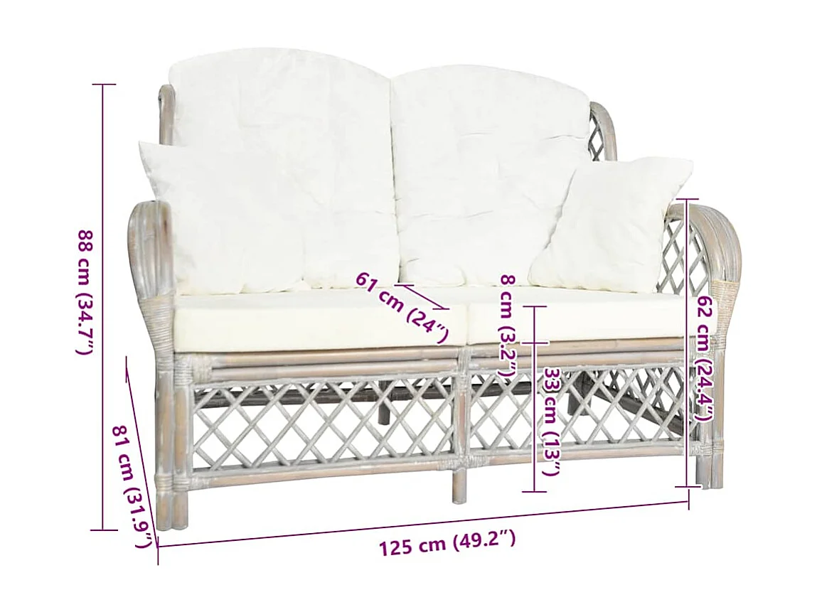 Canapé à 2 places Gris Rotin
