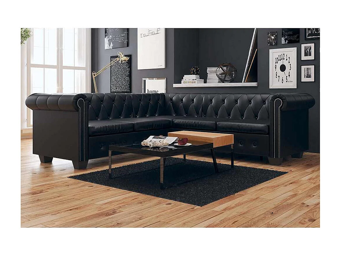 Divano Angolare Chesterfield a 5 Posti Pelle Artificiale Nera
