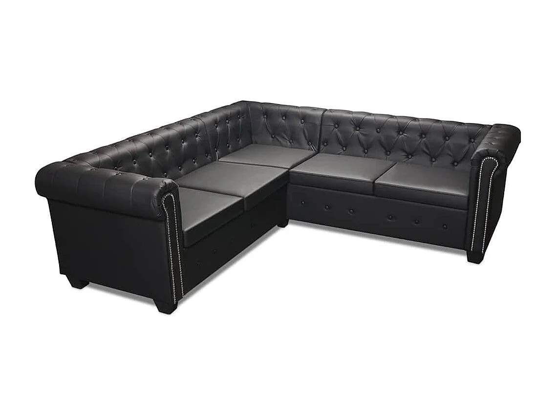 Divano Angolare Chesterfield a 5 Posti Pelle Artificiale Nera