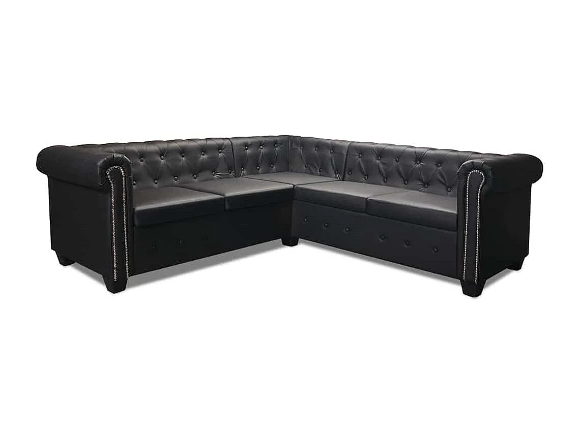 Divano Angolare Chesterfield a 5 Posti Pelle Artificiale Nera