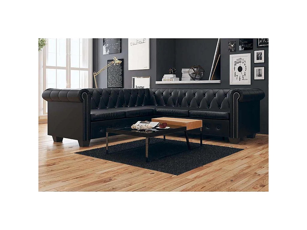 Divano Angolare Chesterfield a 5 Posti Pelle Artificiale Nera