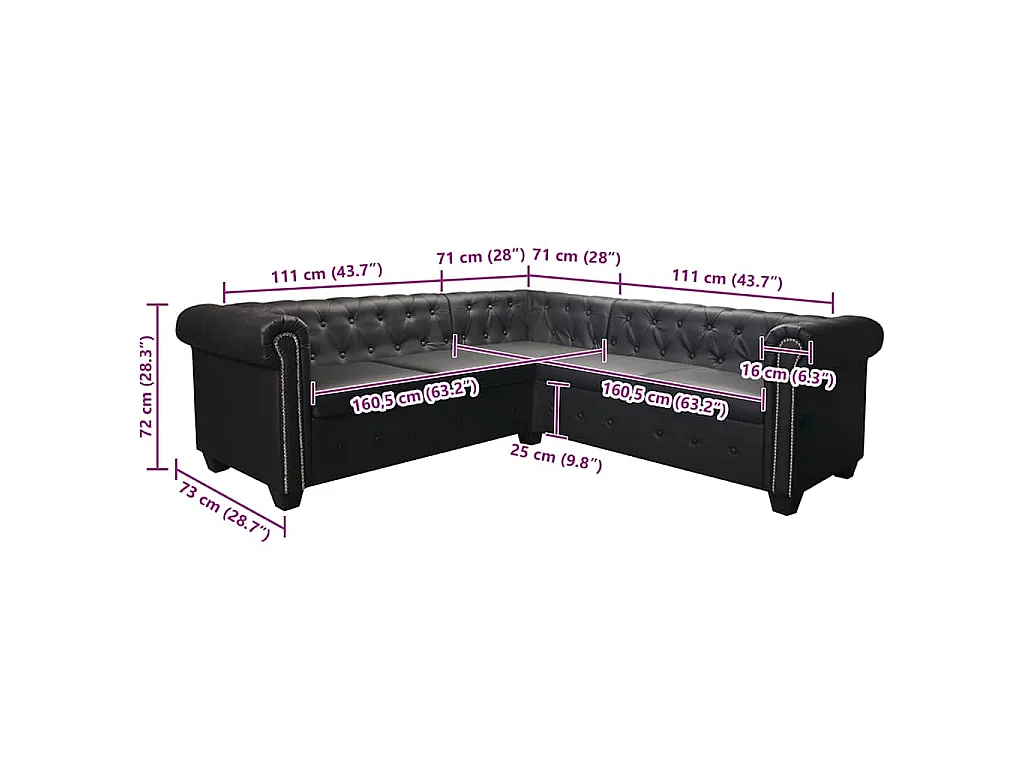 Divano Angolare Chesterfield a 5 Posti Pelle Artificiale Nera