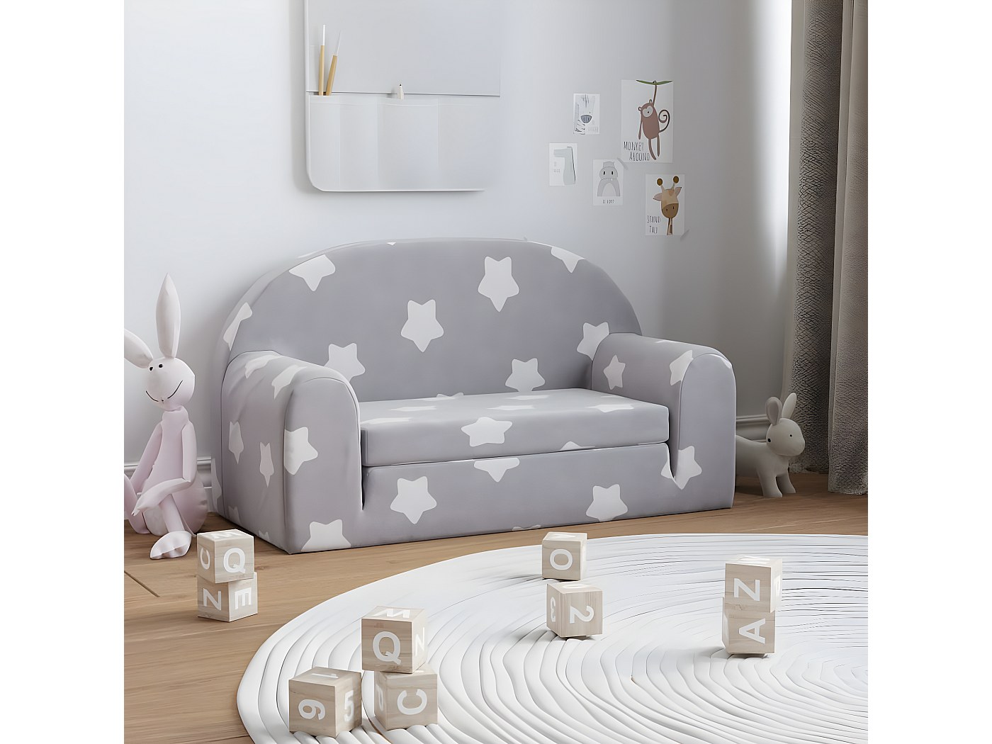 Canapé Enfant 2 Places En Peluche Gris Clair étoilé - Dimensions 84x34x45 Cm, Housse Amovible, Rembourrage Mousse