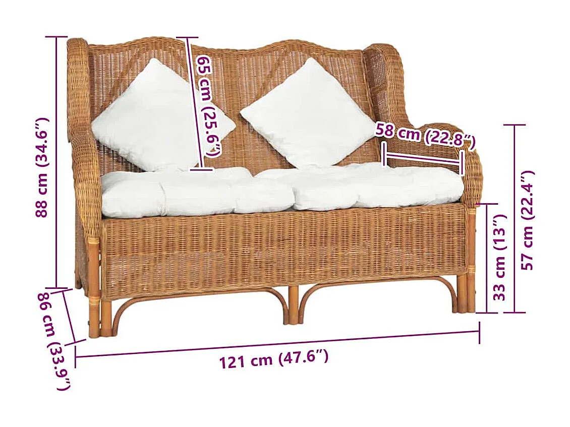 Canapé 2 places Marron clair Rotin naturel et lin