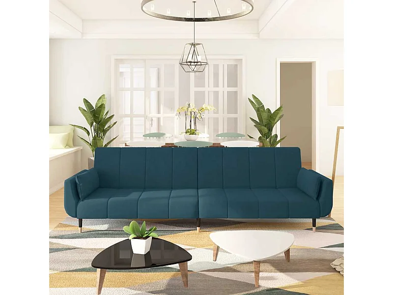 Sofá-cama 2 lugares com duas almofadas veludo azul