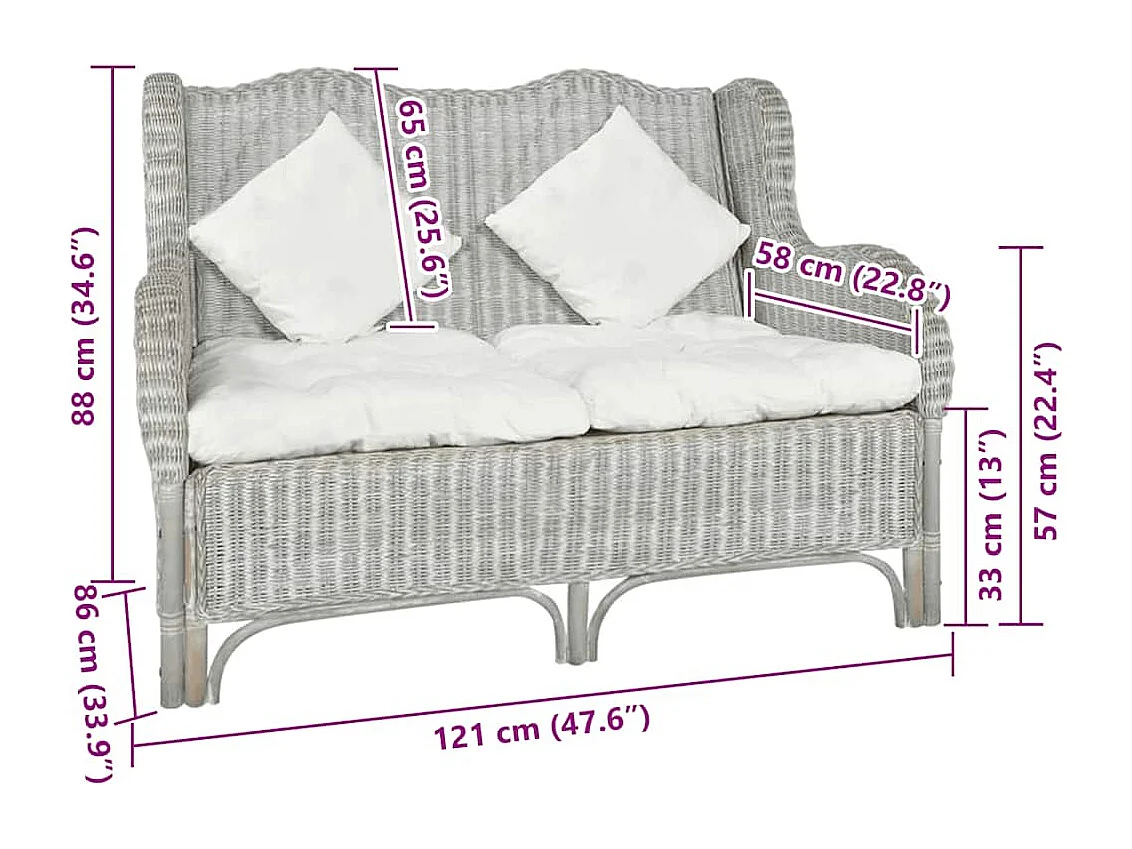 Sofá de 2 lugares vime genuíno e linho cinzento