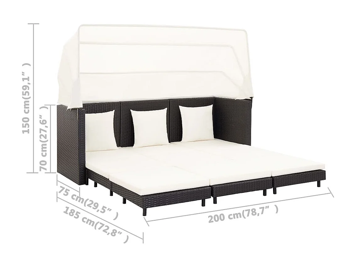 Ausziehbares 3-Sitzer-Schlafsofa mit Dach Poly Rattan Schwarz
