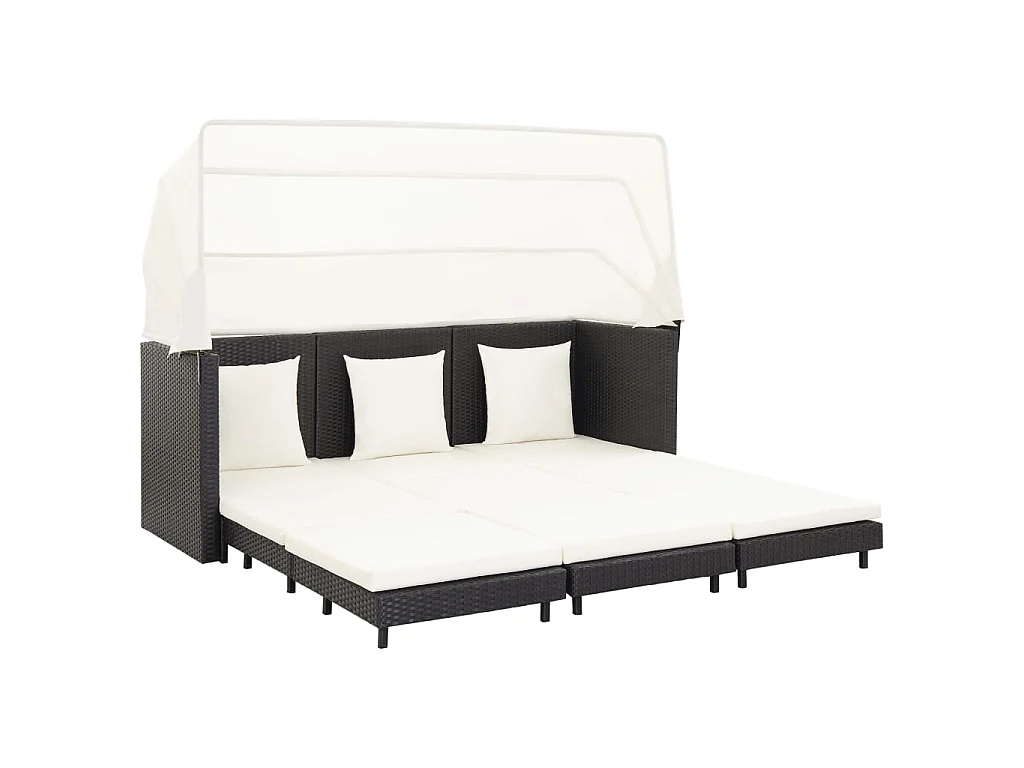 Divano Letto a 3 Posti Estendibile con Tetto Polyrattan Nero