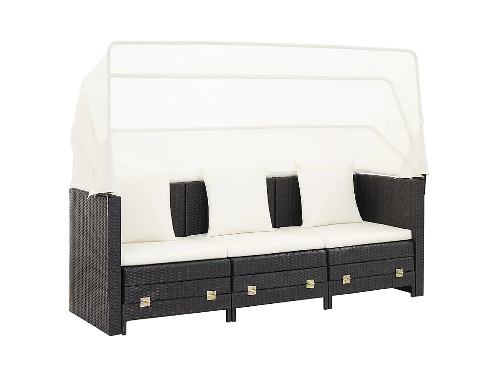 Divano Letto a 3 Posti Estendibile con Tetto Polyrattan Nero