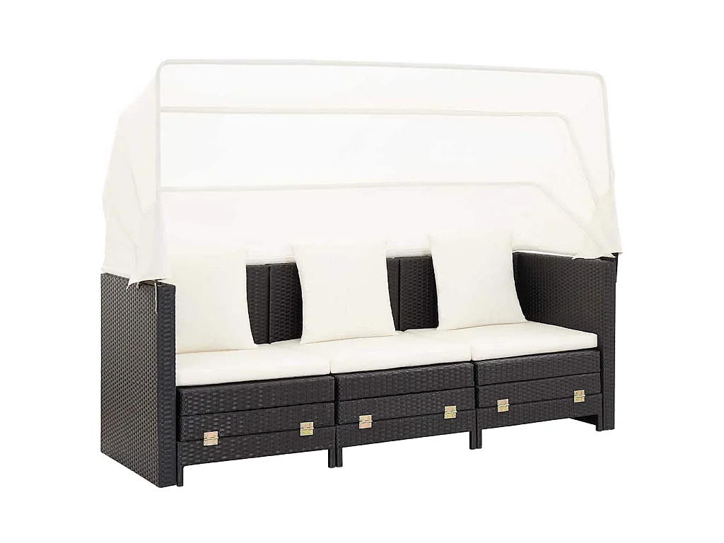Divano Letto a 3 Posti Estendibile con Tetto Polyrattan Nero