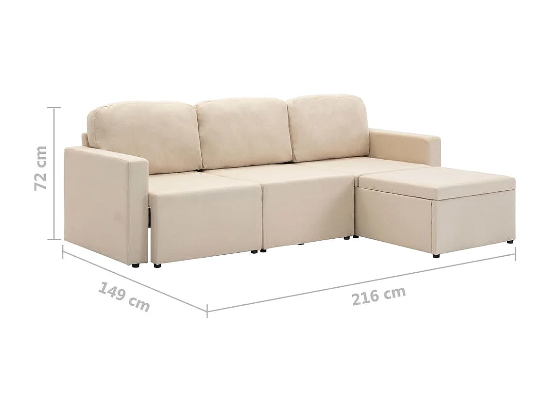 Sofá-cama modular de 3 lugares tecido creme