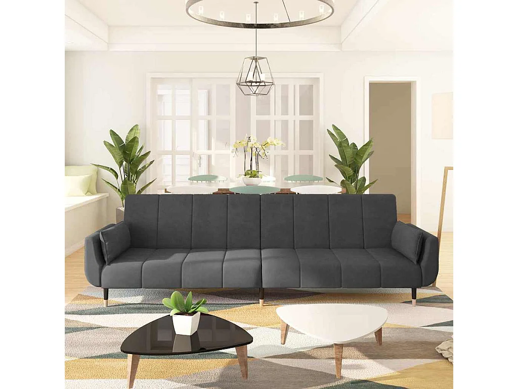 Sofá cama de 2 plazas con dos almohadas terciopelo gris oscuro