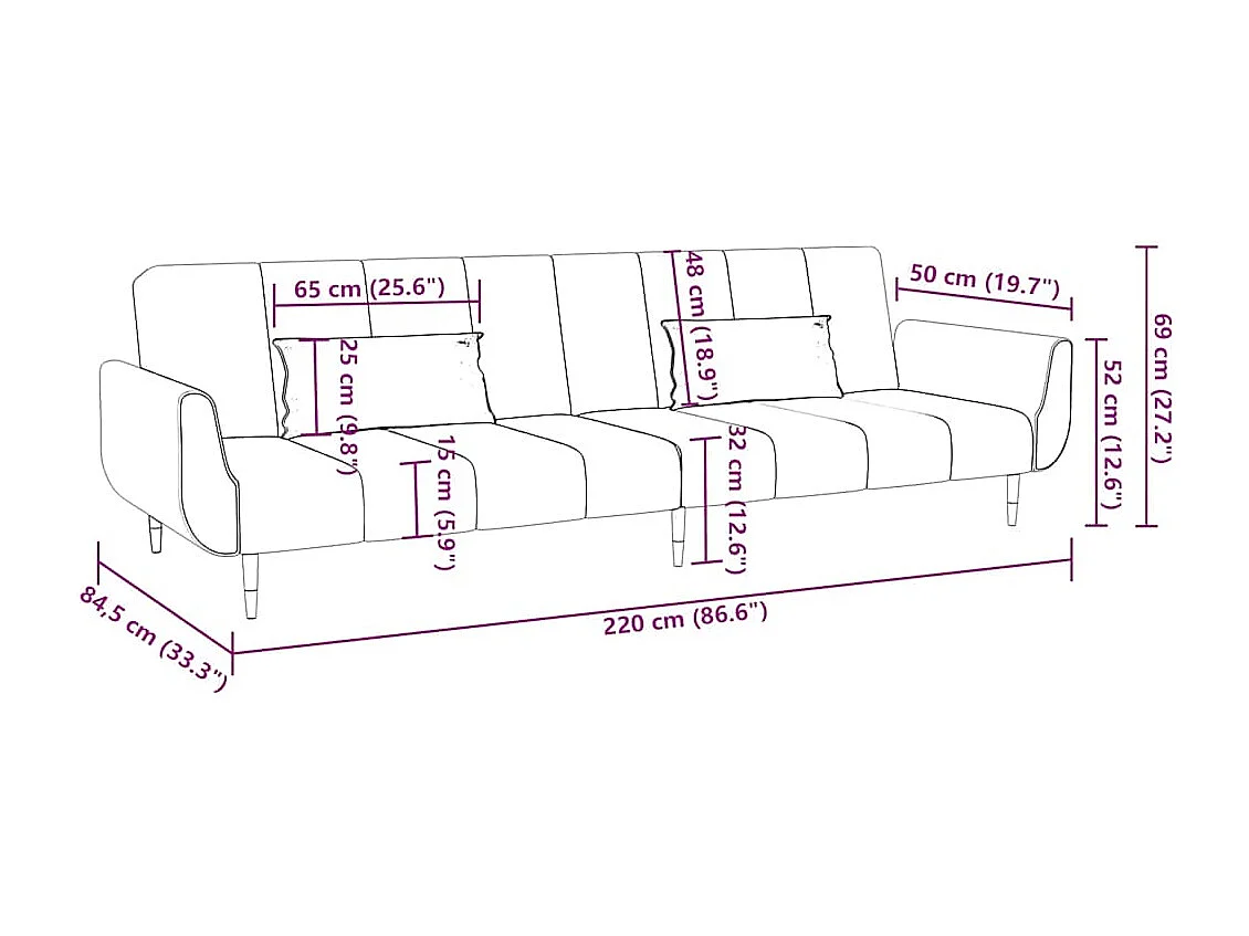 Sofá cama de 2 plazas con dos almohadas terciopelo gris oscuro