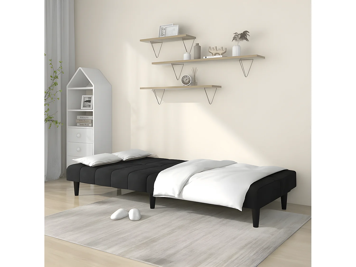 Divano Letto a 2 Posti Nero in Velluto