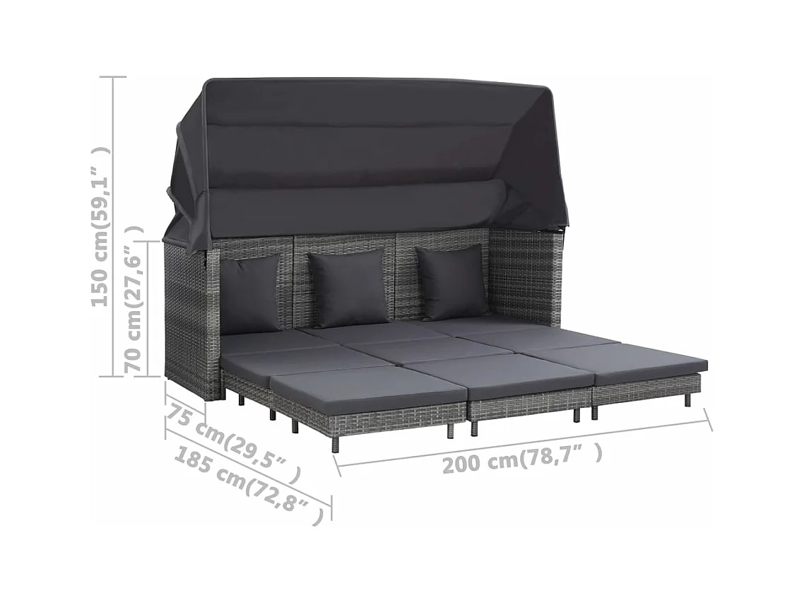 Canapé-lit extensible 3 places avec toit Résine tressée Gris